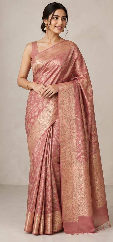 Rose saree with a decorative border